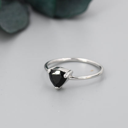 Genuine Black Onyx Ring in Sterling Silver, Natural Trillion Cut Onyx Ring, Stacking Rings, US 5-8