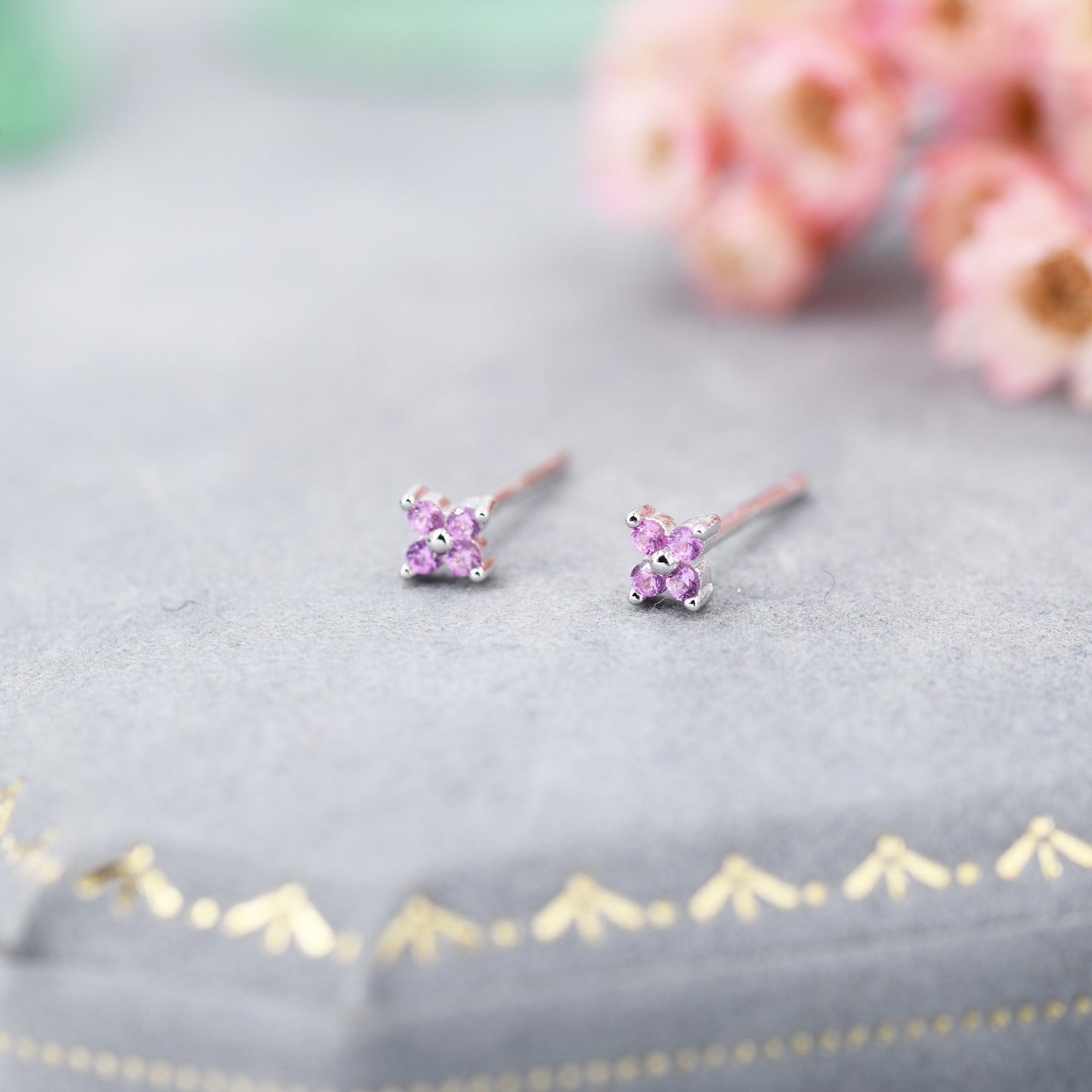 Pink Hydrangea Tiny Stud Earrings in Sterling Silver - 4mm Flower Stud, Pink Flower CZ Stud