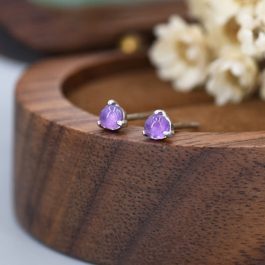 Natural Purple Amethyst Stud Earrings in Sterling Silver, Semi-Precious Gemstone Earrings, 3mm and 3 prong Genuine Amethyst Earrings