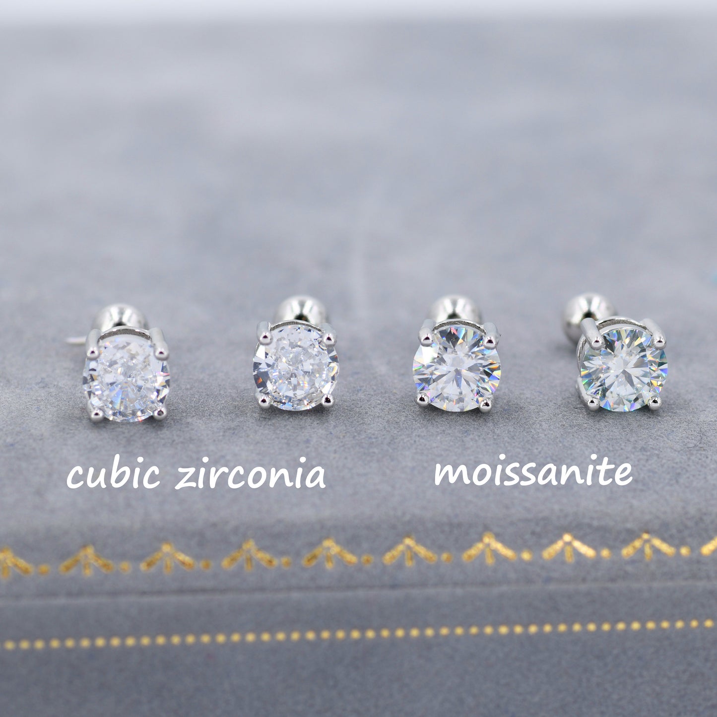 Moissanite  Earrings in Sterling Silver, Silver or Gold, Butterfly Backs or Screw Backs, Available in 3mm, 4mm, 5mm 6mm, Four Prong Set