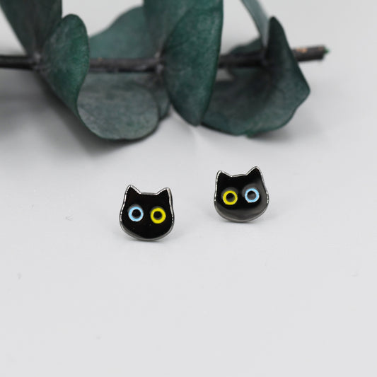 Black Odd-eyed Cat Stud Earrings in Sterling Silver, Black Rhodium Coated Cat Earrings, Cute Cat Earrings, Silver Cat Earrings,