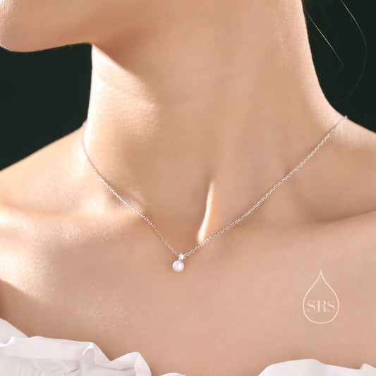 Natural Pearl and CZ Necklace in Sterling Silver with a Satellite Chain,  Genuine Freshwater Pearl Pendant Necklace in Sterling Silver